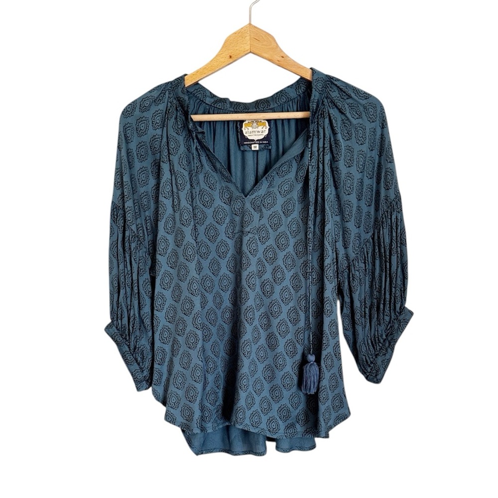 Alamwar Peasant Boho V-neck Tassel Printed Teal Blue Dolman Sleeve Blouse size M